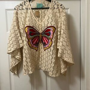 Judith March Cream Crochet Tunic with Multicolor Embroidered Butterfly Boho